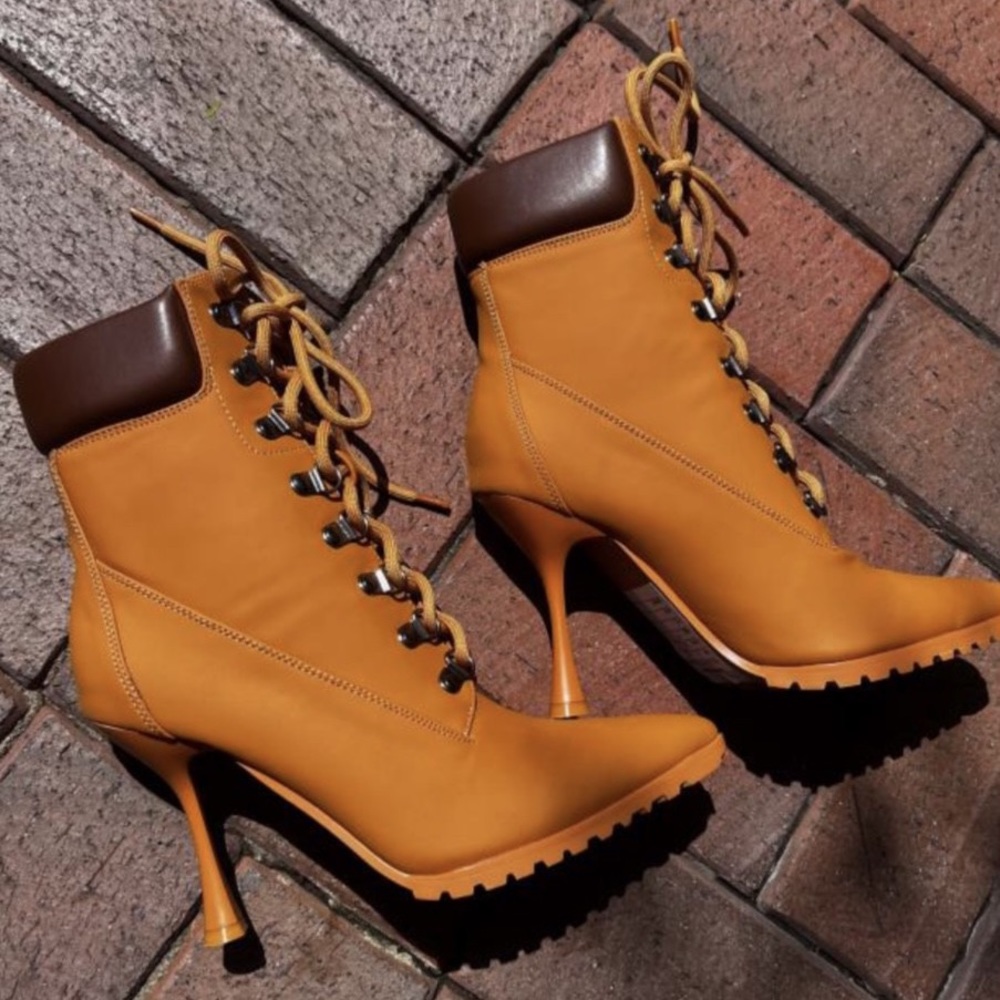 Tan tie up wheat boots